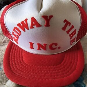 Vintage California trucker hat, Redway Tire Inc., red and white, snapback